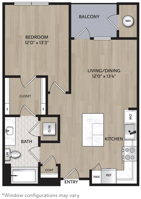 Floor plan for 1 bed, 1 bath, 723 sqft